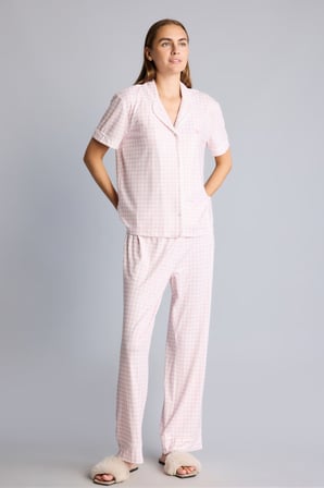 Regular Fit Kısa Kollu Pötikare Desenli Düğmeli Pijama Takımı