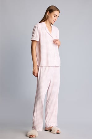 Regular Fit Kısa Kollu Pötikare Desenli Düğmeli Pijama Takımı