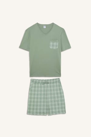 DeFacto %100 Pamuk New Regular Fıt Kısa Kollu 2'li Açık Yeşil Şortlu Pijama Takımı I0877AX26HSGN1107