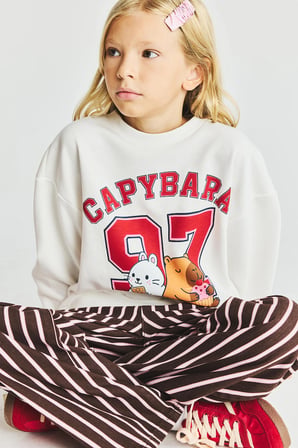 Regular Fıt Bisiklet Yaka Hayvan Baskılı Sweatshirt Kız Çocuk