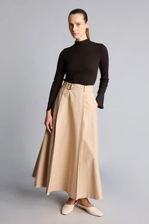 Kemer Detaylı Pileli Regular Fit Twill Maxi Etek