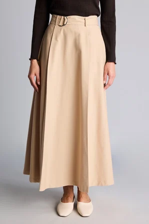 Kemer Detaylı Pileli Regular Fit Twill Maxi Etek
