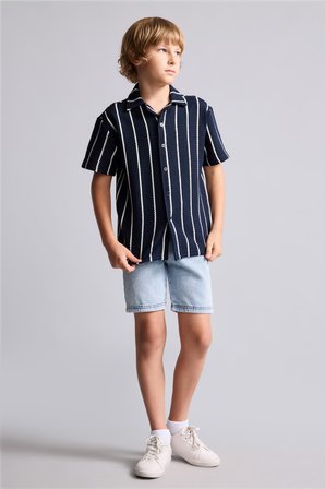 DeFacto Regular Fit Çizgili Kısa Kollu Dokulu Gömlek Erkek Çocuk I6307A826HSBK81