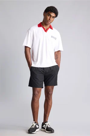 Boxy Fit Kontrast Polo Yaka Sırtı Baskılı Kısa Kollu Polo Tişört