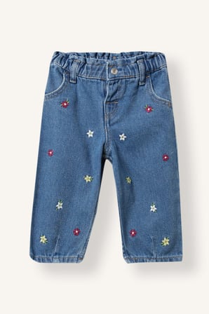 Çiçek Nakışlı Beli Lastikli Baggy Fit Jean Pantolon Kız Bebek