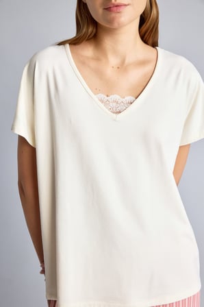 DeFacto Regular Fit V Yaka Kısa Kollu Üst Çizgili Geniş Kesim Alt 2'li Pijama Takım I5556AX26AUBR478