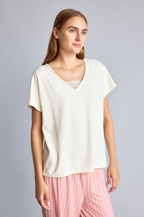 DeFacto Regular Fit V Yaka Kısa Kollu Üst Çizgili Geniş Kesim Alt 2'li Pijama Takım I5556AX26AUBR478
