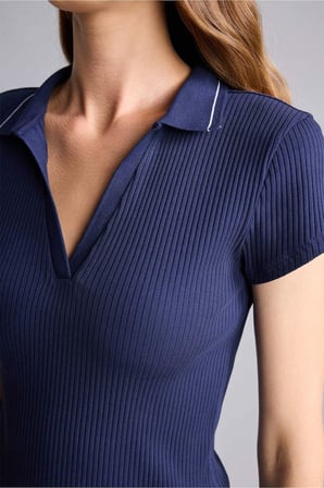 Okula Dönüş Slım Fıt Kaçık Yaka Basıc Düz Fitilli Kaşkorse Kısa Kollu Polo Tişört