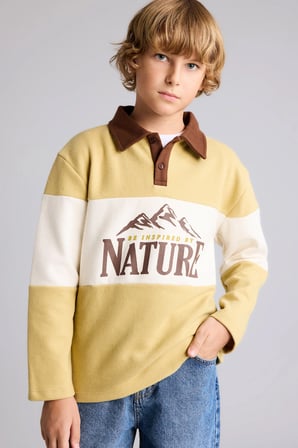 Oversize Polo Yaka Renk Bloklu Baskılı Selanik Kumaş Sweatshirt Erkek Çocuk