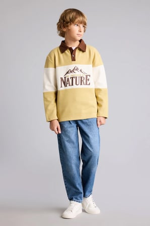 Oversize Polo Yaka Renk Bloklu Baskılı Selanik Kumaş Sweatshirt Erkek Çocuk