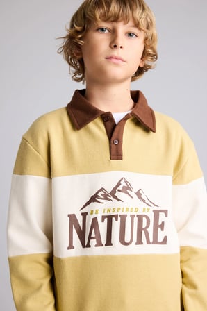 Oversize Polo Yaka Renk Bloklu Baskılı Selanik Kumaş Sweatshirt Erkek Çocuk