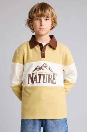 Oversize Polo Yaka Renk Bloklu Baskılı Selanik Kumaş Sweatshirt Erkek Çocuk