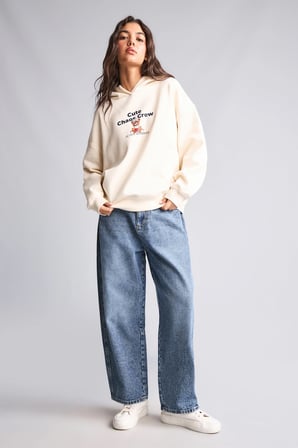 Oversıze Kapüşonlu Sırt Baskılı Kalın Kumaş Sweatshirt
