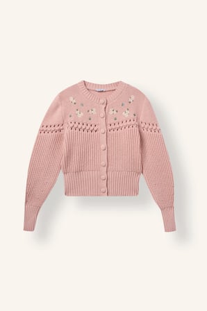 Regular Fit Bisiklet Yaka Çiçek Nakışlı Triko Hırka