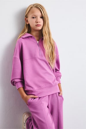 Relaxed Fit Yarım Fermuarlı Dikiş Detaylı Modal Sweatshirt Kız Çocuk