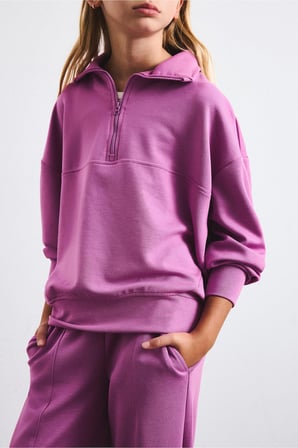 Relaxed Fit Yarım Fermuarlı Dikiş Detaylı Modal Sweatshirt Kız Çocuk