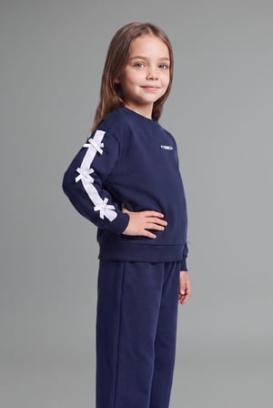 %100 Pamuk Fiyonk Detaylı Baskılı Basic Sweatshirt Üst Geniş Kesim Alt 2'li Takım Kız Bebek