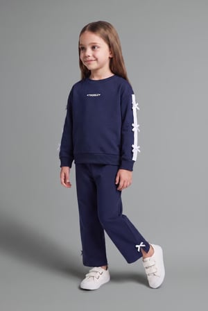 %100 Pamuk Fiyonk Detaylı Baskılı Basic Sweatshirt Üst Geniş Kesim Alt 2'li Takım Kız Bebek
