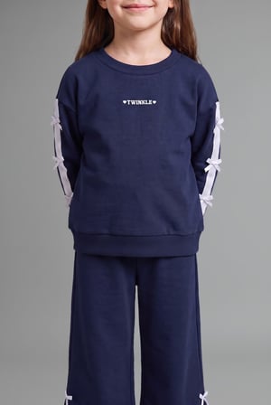 %100 Pamuk Fiyonk Detaylı Baskılı Basic Sweatshirt Üst Geniş Kesim Alt 2'li Takım Kız Bebek