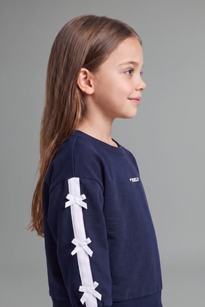 %100 Pamuk Fiyonk Detaylı Baskılı Basic Sweatshirt Üst Geniş Kesim Alt 2'li Takım Kız Bebek