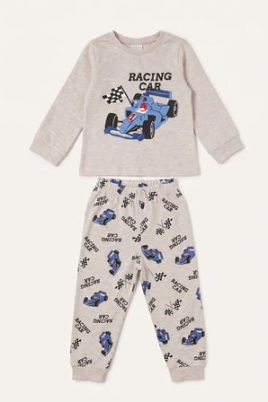 Baskılı Uzun Kollu Pijama Üstü Esnek Belli Uzun Pijama Altı 2'li Pijama Takımı Erkek Bebek