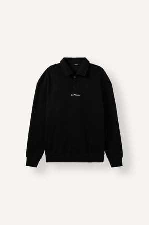 Boxy Fit Basic Polo Yaka Uzun Kollu İşlemeli Sweatshirt