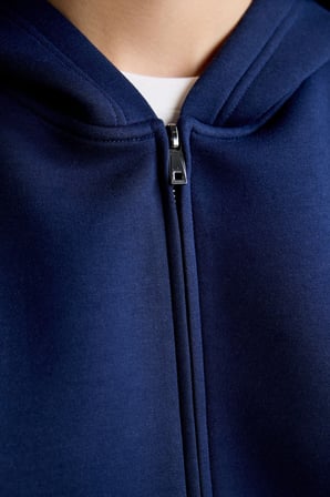 Relaxed Fit Kapüşonlu Fermuarlı Cepli Skuba Dalgıç Kumaş Basic Hırka