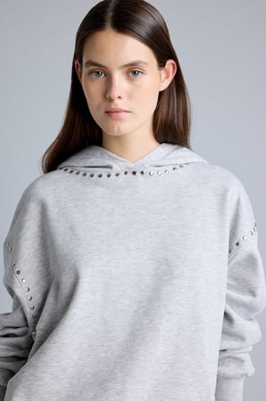 Boxy Fıt Kapüşonlu İşlemeli Kalın Sweatshirt