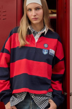 DeFacto %100 Pamuk Loose Fıt Polo Yaka Renk Bloklu Nakışlı Uzun Kollu Sweatshirt H9944AX26AURD256
