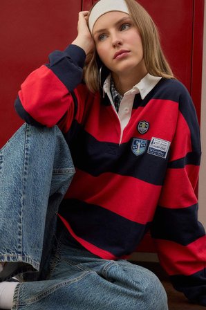 DeFacto %100 Pamuk Loose Fıt Polo Yaka Renk Bloklu Nakışlı Uzun Kollu Sweatshirt H9944AX26AURD256