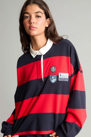 DeFacto %100 Pamuk Loose Fıt Polo Yaka Renk Bloklu Nakışlı Uzun Kollu Sweatshirt H9944AX26AURD256