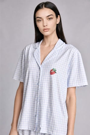 DeFacto Ultra Yumuşak Regular Fıt Şortlu Kısa Kollu 2'li Kareli Softshell Açık Mavi Pijama Takımı H6375AX26HSBE250