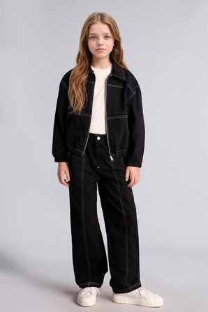 DeFacto %100 Pamuk Kontrast Dikişli Barrel Fit Esnek Bantlı Paça Gabardin Pantolon Kız Çocuk I3480A826WNBK81