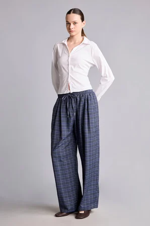 Ekose Desenli Bağcıklı Beli Lastikli Wide Leg Pantolon