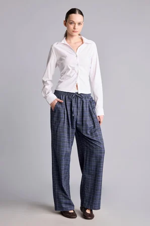 Ekose Desenli Bağcıklı Beli Lastikli Wide Leg Pantolon