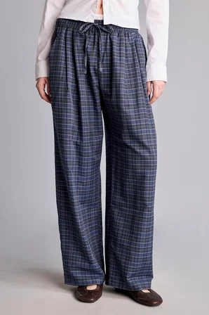 Ekose Desenli Bağcıklı Beli Lastikli Wide Leg Pantolon
