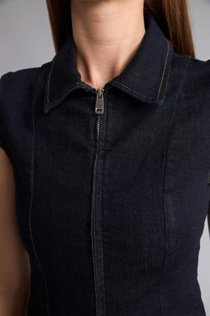 Gömlek Yaka Fermuarlı İndigo Mini Jean Elbise