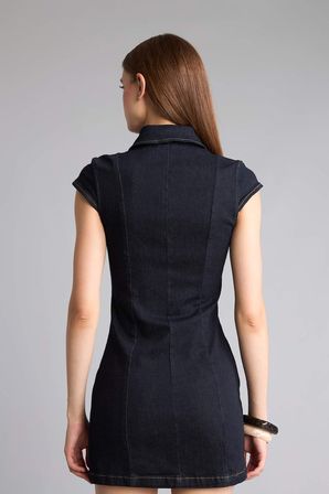 Gömlek Yaka Fermuarlı İndigo Mini Jean Elbise