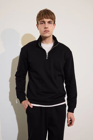 Regular Fit Dik Yaka Yarım Fermuarlı Basic Sweatshirt