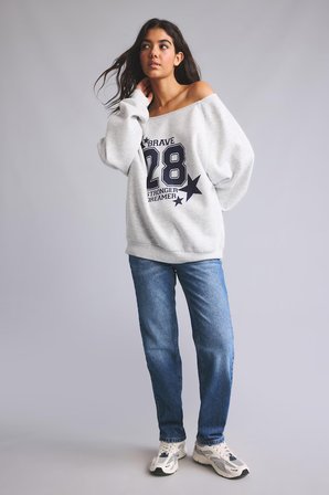 DeFacto Oversize Kesik Kayık Yaka Baskılı Sweatshirt I0213AX26WNGR110