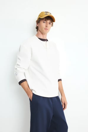 Boxy Fıt Bisiklet Yaka Baskılı Waffle Sweatshirt