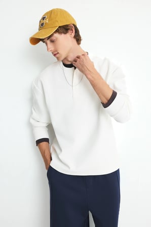 Boxy Fıt Bisiklet Yaka Baskılı Waffle Sweatshirt
