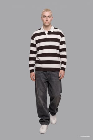 Defacto E8440AXBN337 Kahve Boxy Fıt Polo Yaka Çizgili Waffle Sweatshirt
