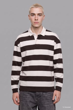 Defacto E8440AXBN337 Kahve Boxy Fıt Polo Yaka Çizgili Waffle Sweatshirt