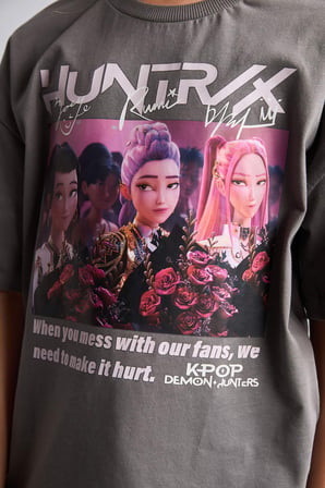 DeFacto Kpop - Demon Hunters Lisanslı Bisiklet Yaka Kısa Kollu Gri Tişört Kız Çocuk I0026A826HSGR505