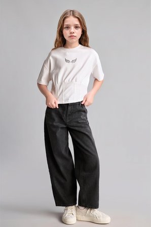 %100 Pamuk Baggy Fıt Jean Pantolon Kız Çocuk