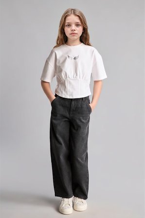 %100 Pamuk Baggy Fıt Jean Pantolon Kız Çocuk