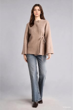 Relaxed Fit Bisiklet Yaka Geniş Kollu Bağcıklı Yün Karışımlı Triko Basic Kazak