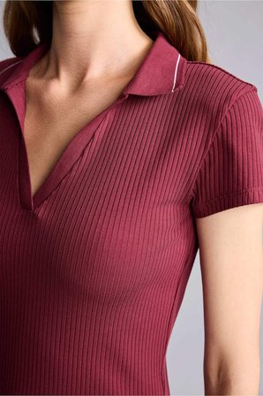 DeFacto Slım Fıt Kaçık Yaka Basic Fitilli Kısa Kollu Bordo Polo Tişört G8735AX26SPBR115