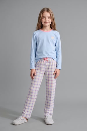 Uzun Kollu Kalp Baskılı Kareli Alt 2'li Pijama Takımı Kız Çocuk
